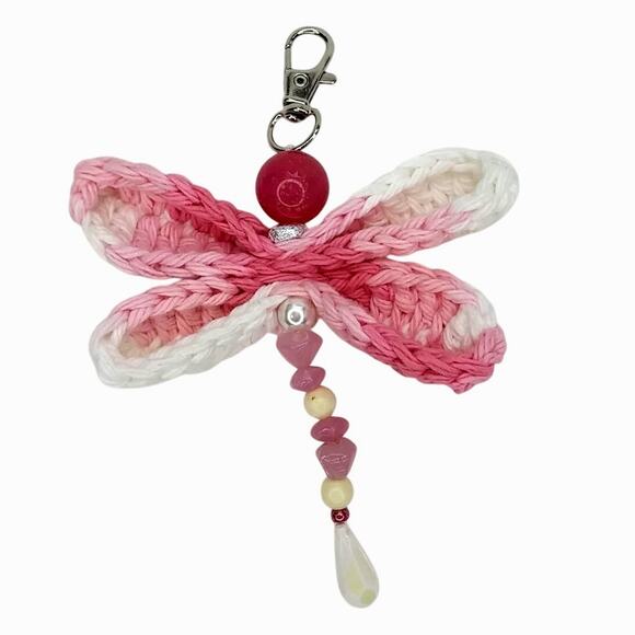 Handmade Crochet Wings Dragonfly Keychain Pink Vintage Beaded Bag Charm Purse - Picture 3 of 10